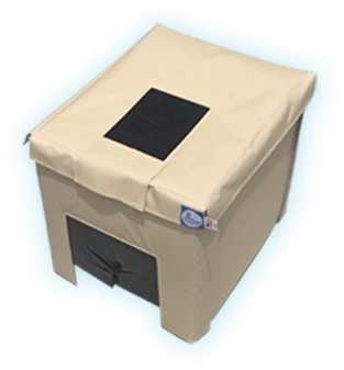 Square container with insect logo design.