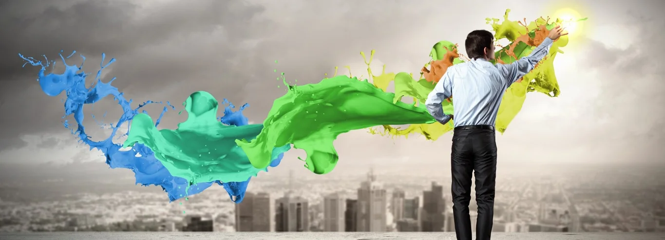 Vibrant paint strokes in urban skyline